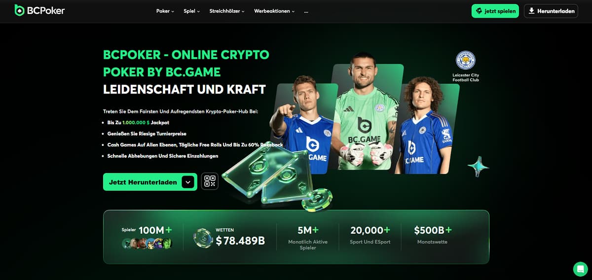 BCPoker Startseite mit Banner „Online Crypto Poker by BC.Game“. Sponsoring durch Leicester City Spieler im Vordergrund. Plattform wirbt mit Jackpots bis zu 1.000.000 US$, großen Turnierpreisen, Cash Games, täglichen Free Rolls und bis zu 60 % Rakeback. Statistiken zeigen über 100 M Spieler und Milliarden an Wetten.