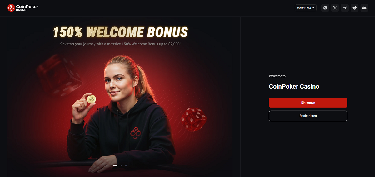 CoinPoker Startseite mit Banner, das einen 150 %-Willkommensbonus bis zu 2.000 US$ bewirbt. Design mit Würfeln und goldener Münze, Navigation bietet Login und Registrierung, Spracheinstellung auf Deutsch verfügbar.