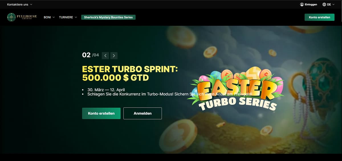 Full House Crypto Startseite mit Banner zur Easter Turbo Series. Turnier im Turbo-Modus mit garantiertem Preisgeld von 500.000 US$. Navigation umfasst Boni, Turniere und Mystery Bounties.