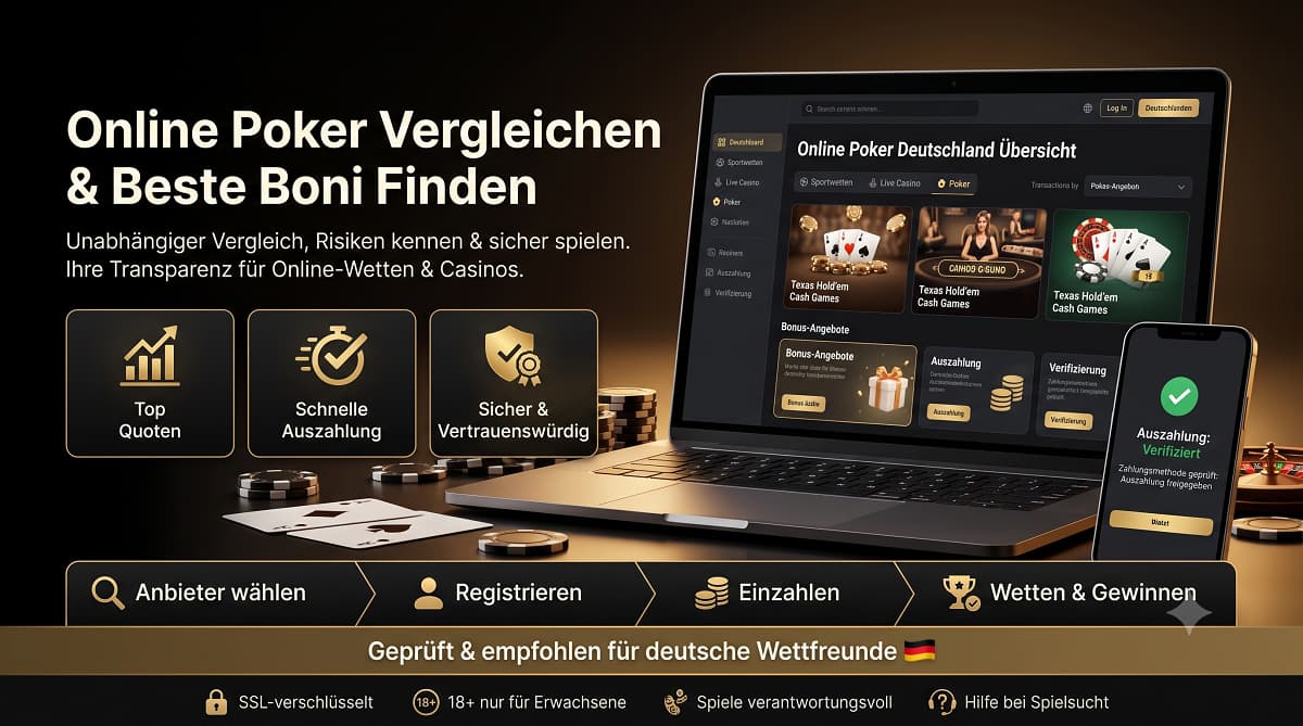 Auf einem Schreibtisch liegen ein geöffneter Laptop und ein Smartphone. Darunter befindet sich das elegante, dunkle Dashboard eines Online-Casinos, das verschiedene Kartenspiele, Wettmöglichkeiten und Sicherheitsfunktionen vor dem Hintergrund von Spielkarten und Pokerchips präsentiert. Links davon hebt ein großer, weiß-goldener deutscher Text die Möglichkeit hervor, Boni zu vergleichen und die besten Angebote zu finden.
